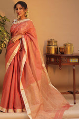 Handloom Maheshwari Saree | Silk Cotton Tissue | Rust Orange
