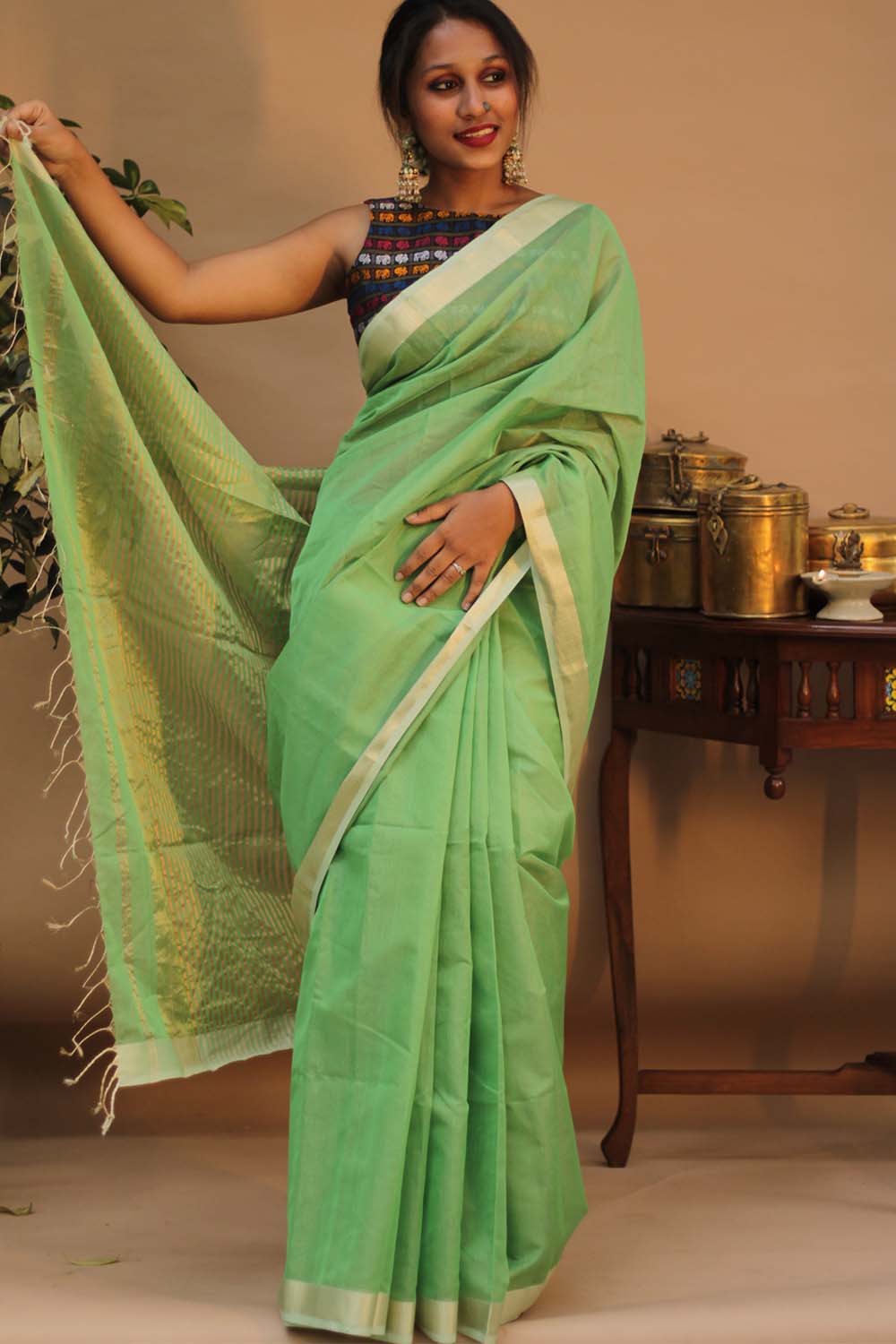 Handloom Maheshwari Saree | Silk Cotton Tissue |  Mint Green
