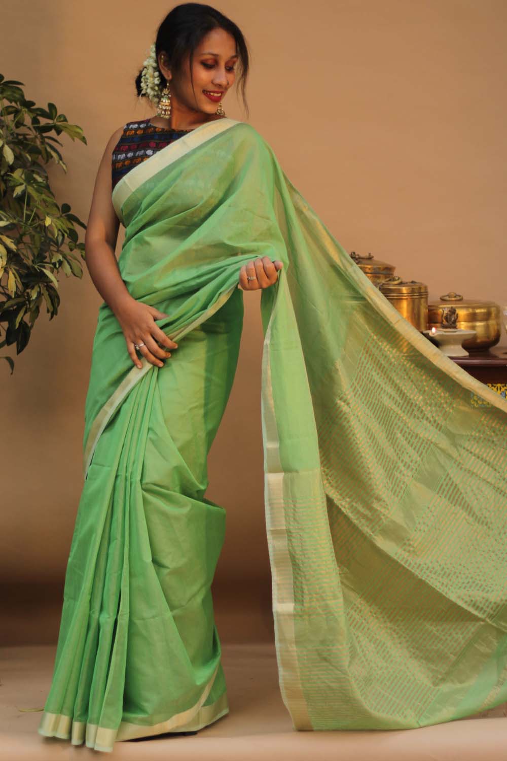 Handloom Maheshwari Saree | Silk Cotton Tissue |  Mint Green