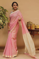 Handloom Maheshwari Saree | Silk Cotton Tissue | Onion Pink