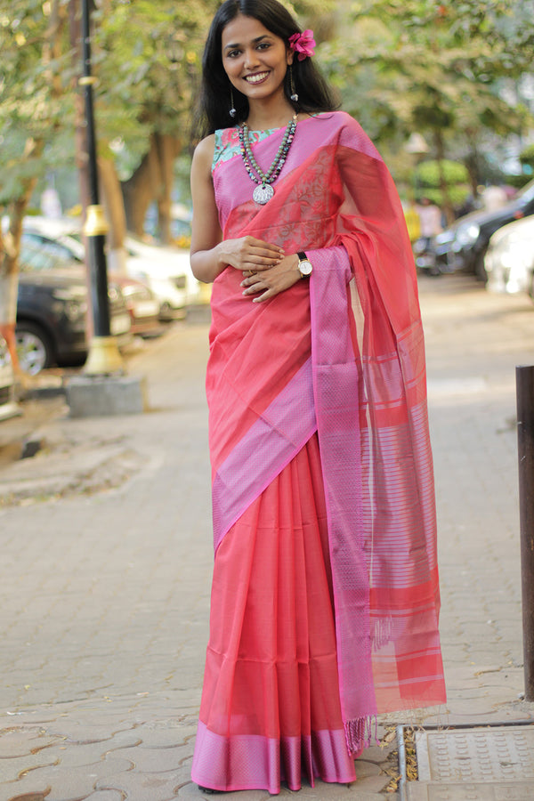 Maheshwari Saree | Cotton Silk | Coral with Pink Resham Border