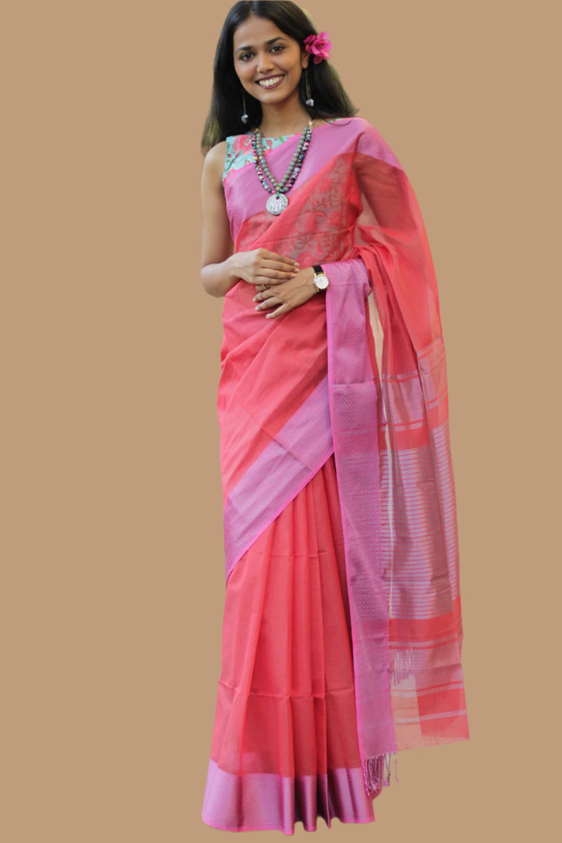 Maheshwari Saree | Cotton Silk | Coral with Pink Resham Border