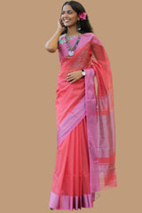 Maheshwari Saree | Cotton Silk | Coral with Pink Resham Border