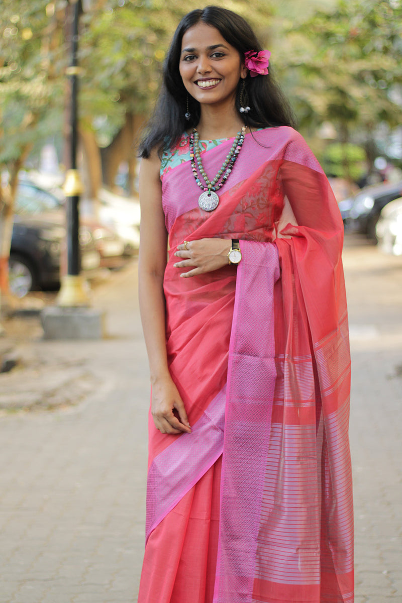 Maheshwari Saree | Cotton Silk | Coral with Pink Resham Border