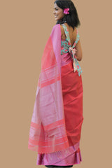 Maheshwari Saree | Cotton Silk | Coral with Pink Resham Border