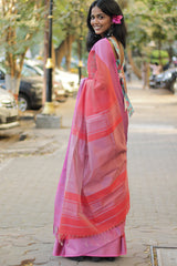 Maheshwari Saree | Cotton Silk | Coral with Pink Resham Border