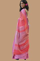 Maheshwari Saree | Cotton Silk | Coral with Pink Resham Border