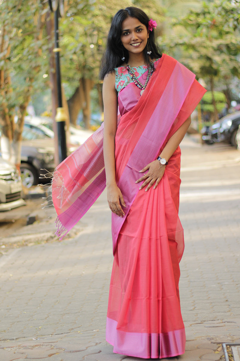 Maheshwari Saree | Cotton Silk | Coral with Pink Resham Border