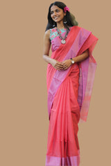 Maheshwari Saree | Cotton Silk | Coral with Pink Resham Border