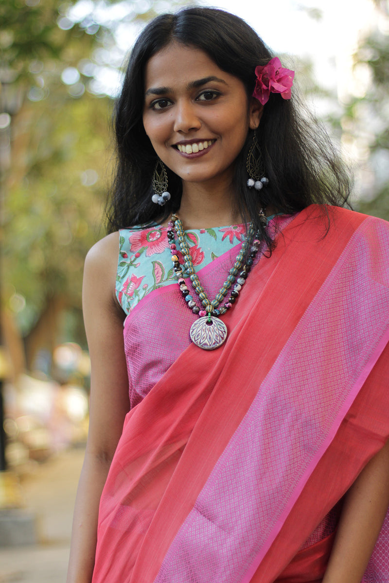 Maheshwari Saree | Cotton Silk | Coral with Pink Resham Border