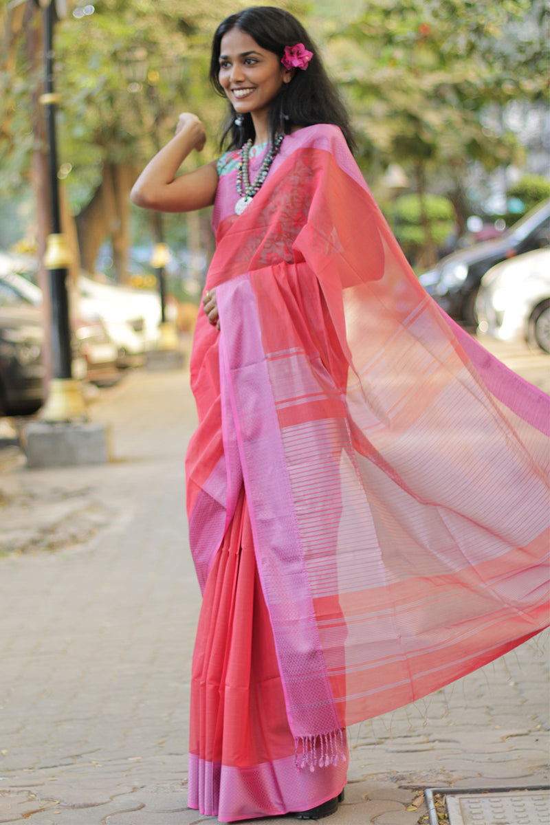 Maheshwari Saree | Cotton Silk | Coral with Pink Resham Border