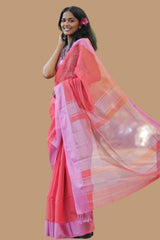 Maheshwari Saree | Cotton Silk | Coral with Pink Resham Border