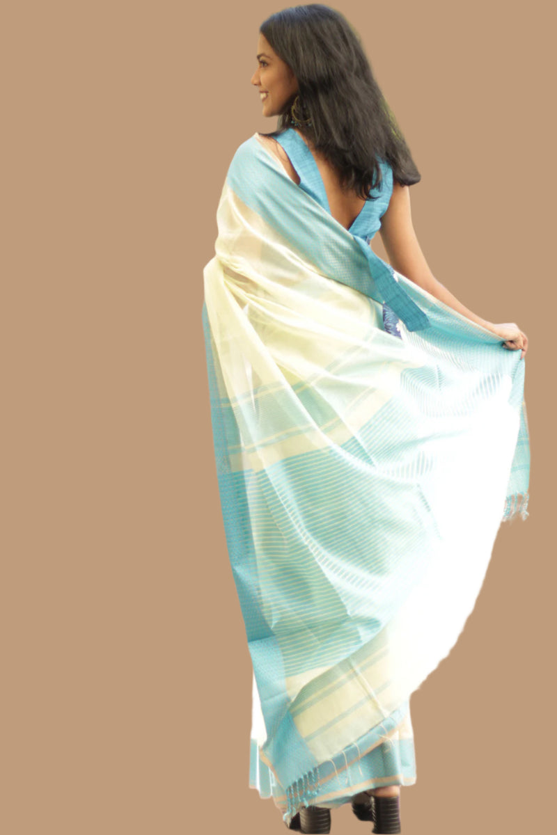 Maheshwari Saree | Cotton Silk | Ivory with Cerulean Resham Border