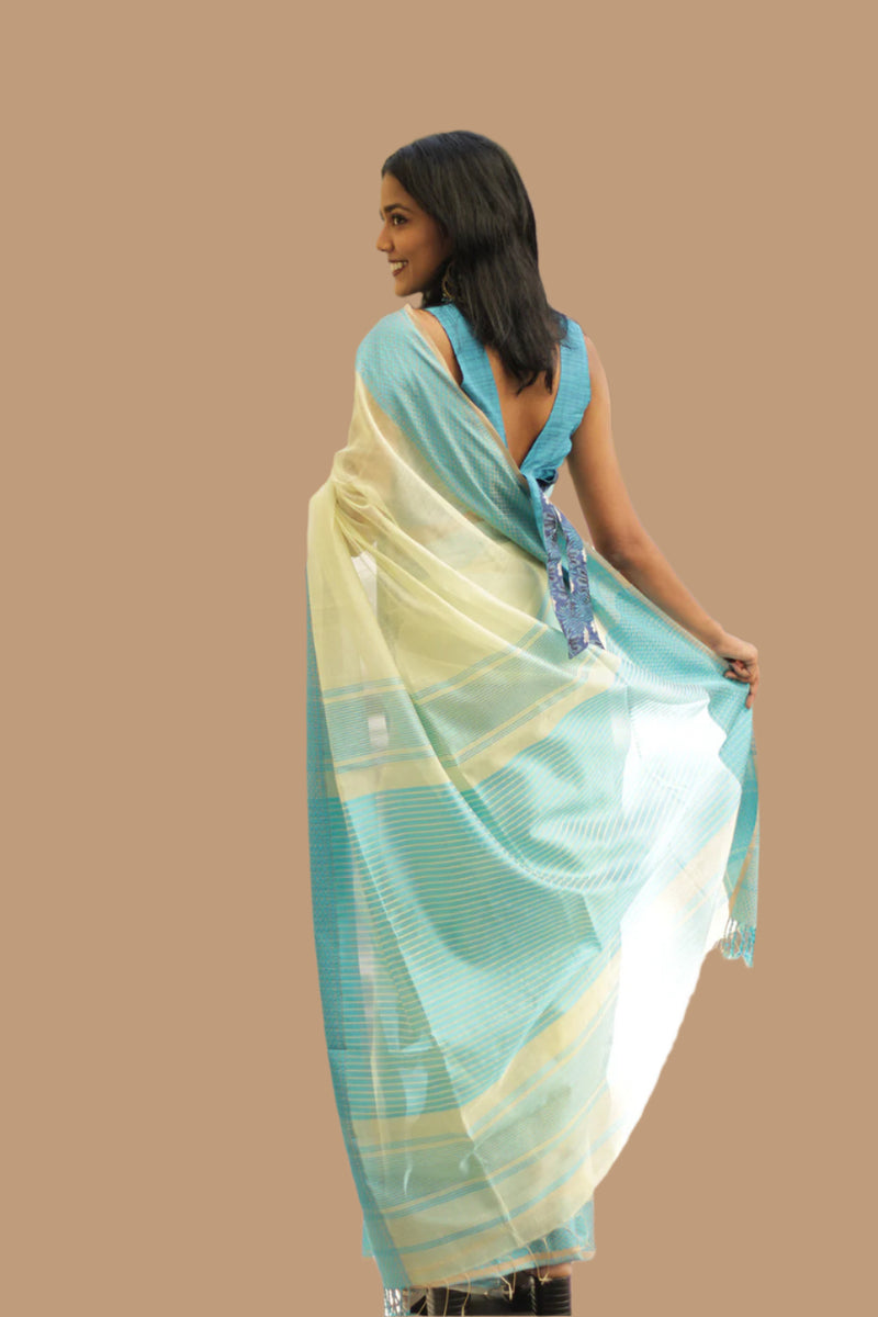 Maheshwari Saree | Cotton Silk | Ivory with Cerulean Resham Border