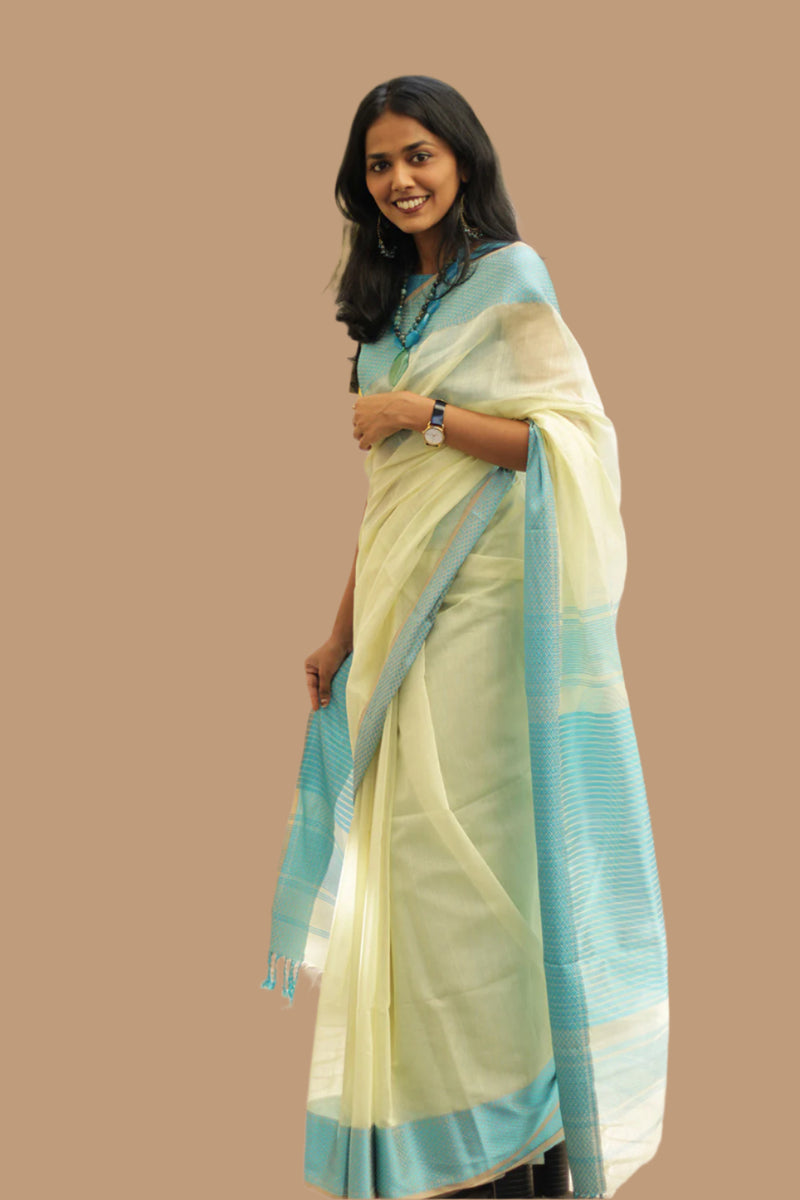 Maheshwari Saree | Cotton Silk | Ivory with Cerulean Resham Border