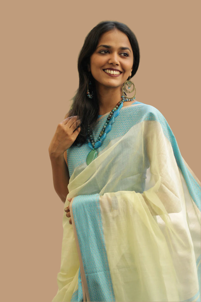 Maheshwari Saree | Cotton Silk | Ivory with Cerulean Resham Border