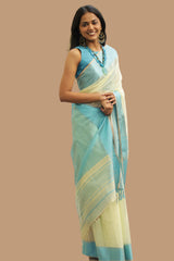 Maheshwari Saree | Cotton Silk | Ivory with Cerulean Resham Border