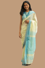 Maheshwari Saree | Cotton Silk | Ivory with Cerulean Resham Border