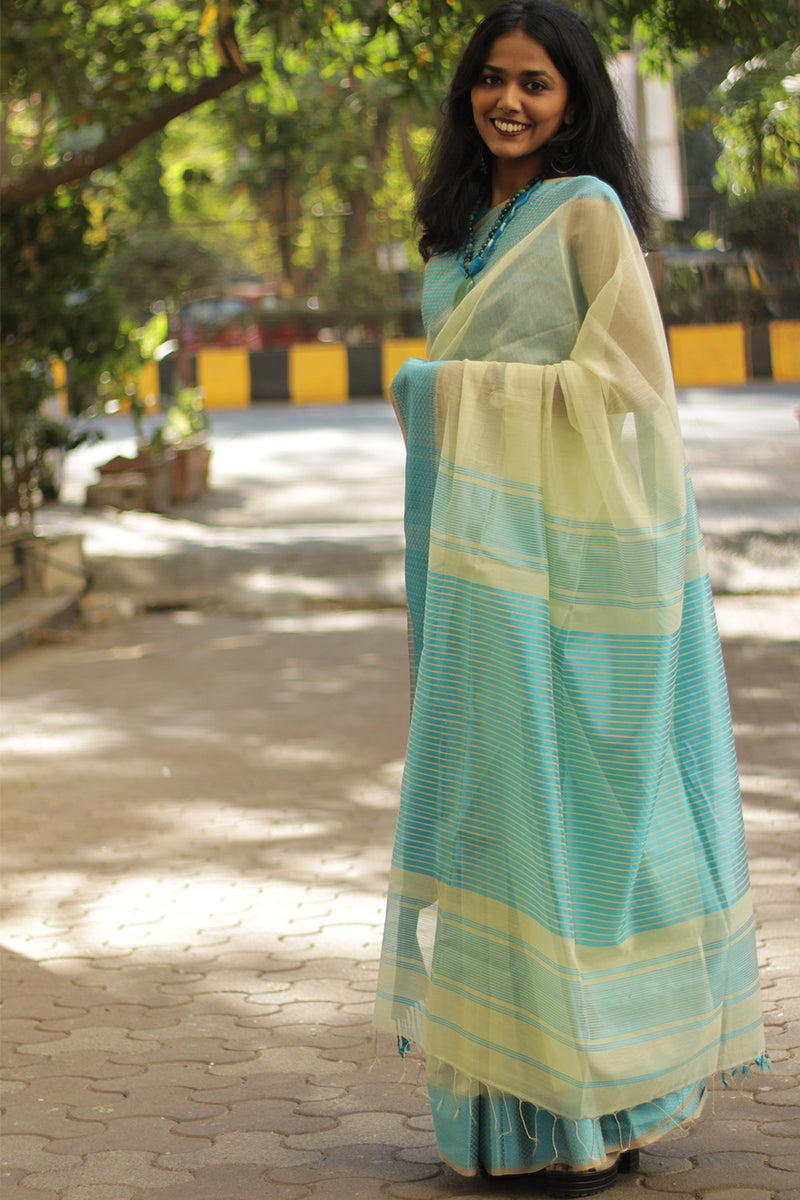 Maheshwari Saree | Cotton Silk | Ivory with Cerulean Resham Border