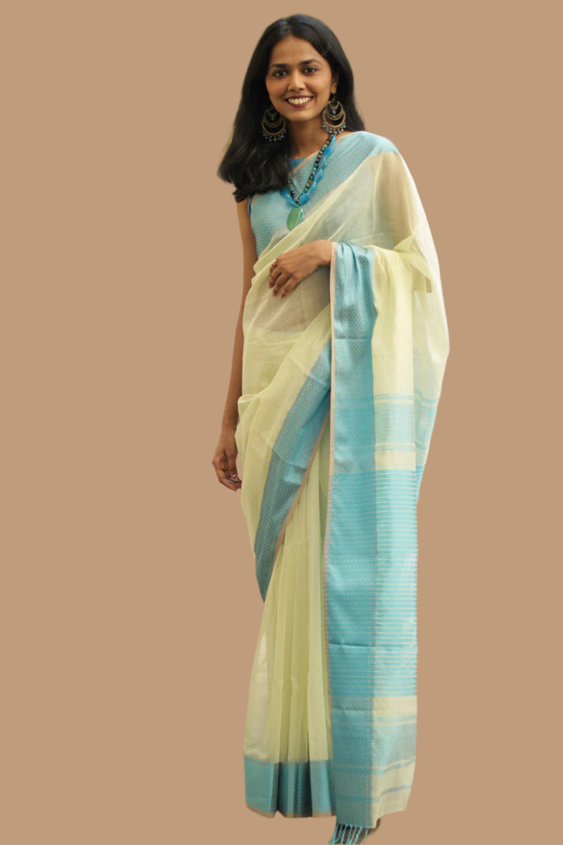 Maheshwari Saree | Cotton Silk | Ivory with Cerulean Resham Border