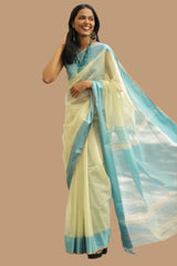 Maheshwari Saree | Cotton Silk | Ivory with Cerulean Resham Border