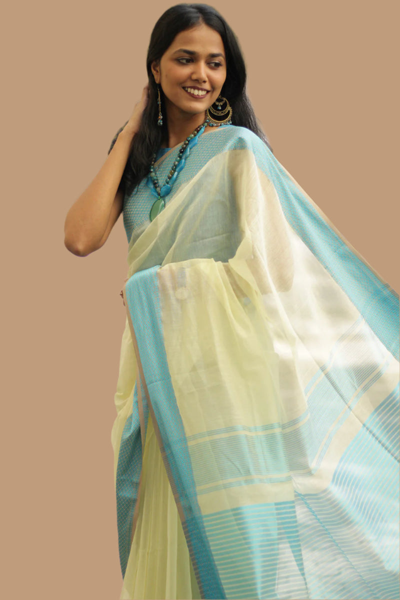 Maheshwari Saree | Cotton Silk | Ivory with Cerulean Resham Border