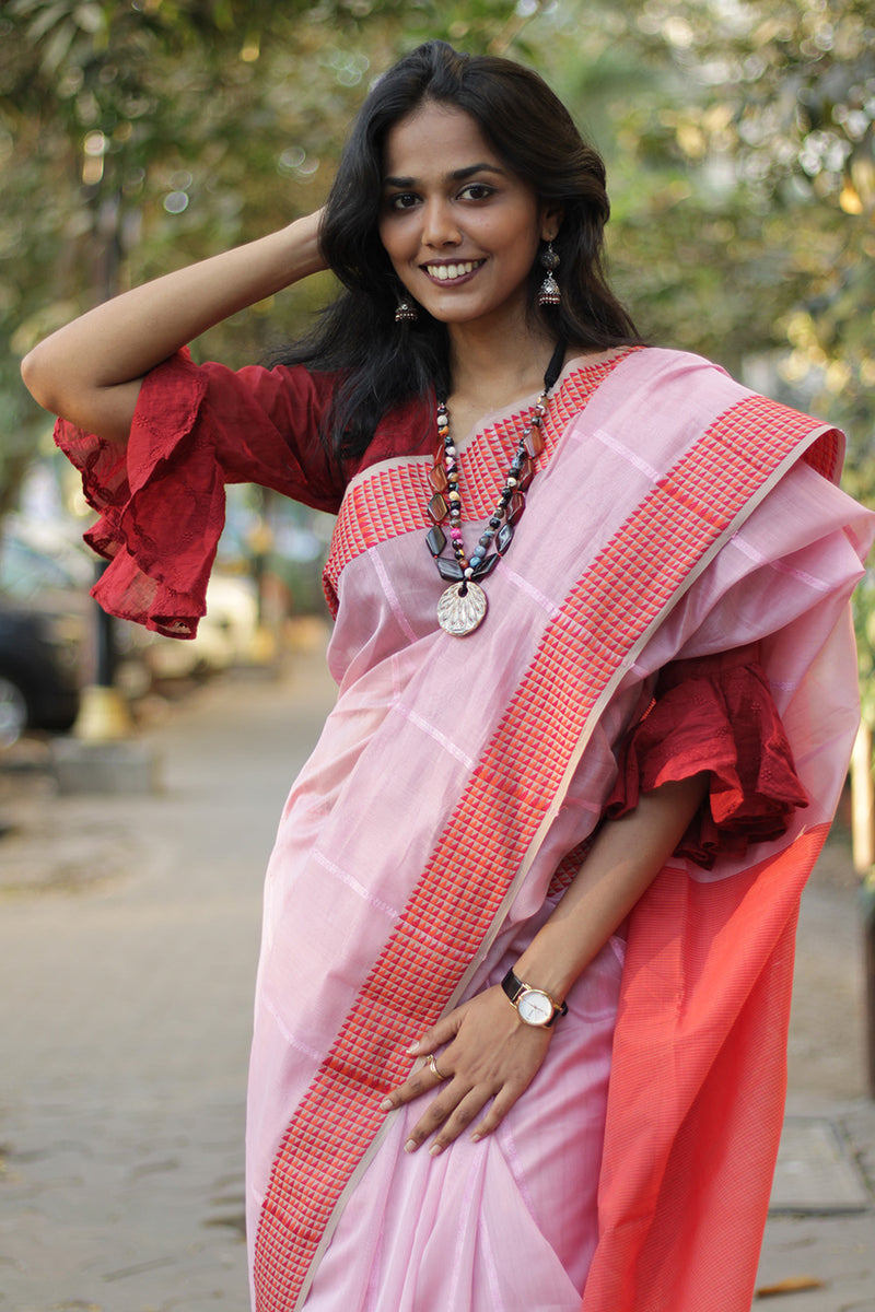 Maheshwari Saree | Cotton Silk | Pink with Chidiya Border