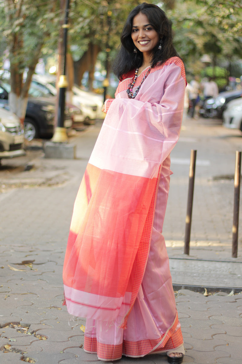 Maheshwari Saree | Cotton Silk | Pink with Chidiya Border