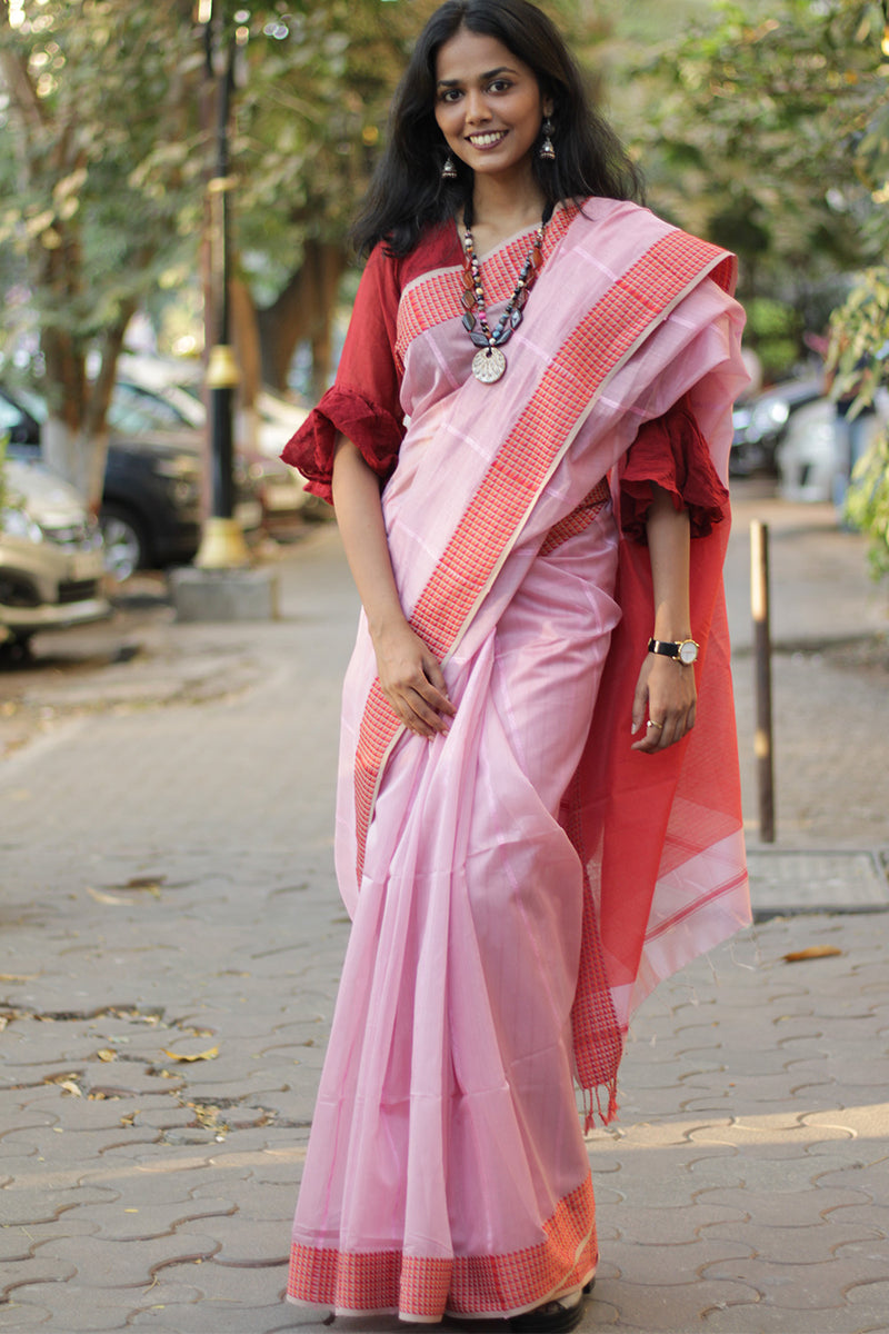 Maheshwari Saree | Cotton Silk | Pink with Chidiya Border