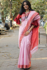 Maheshwari Saree | Cotton Silk | Pink with Chidiya Border