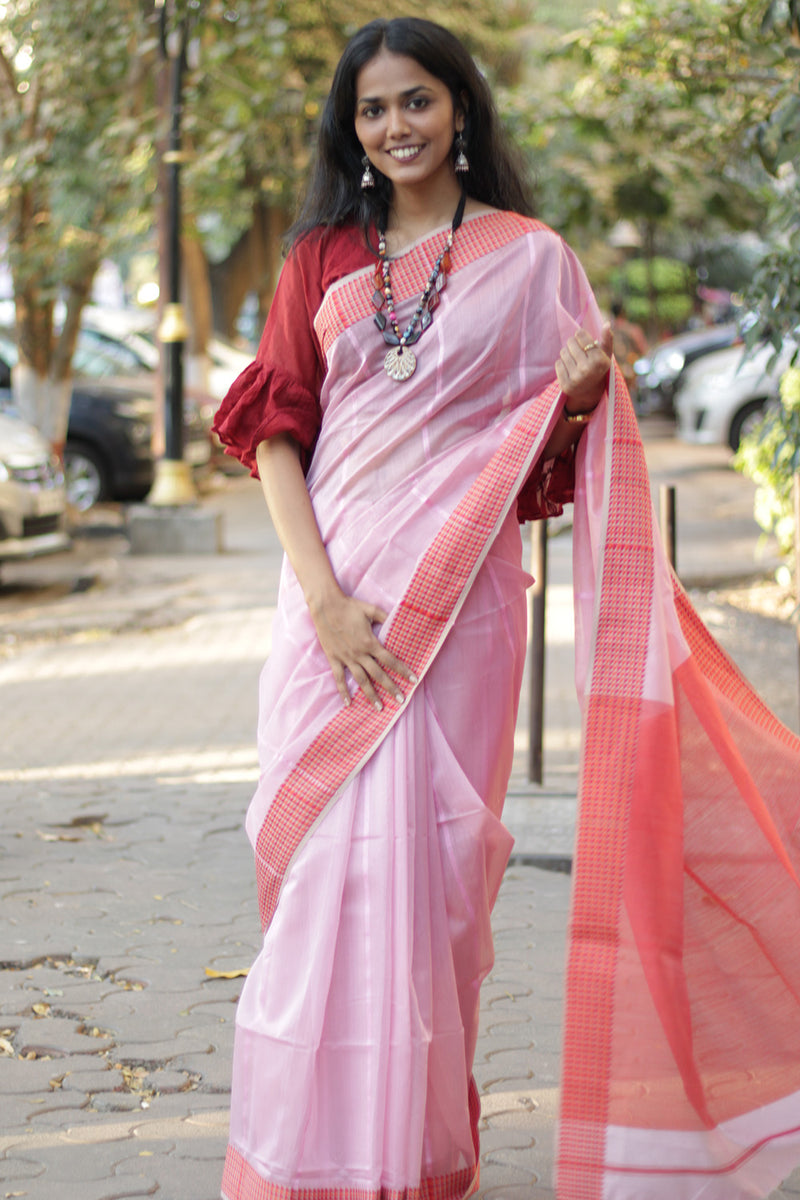 Maheshwari Saree | Cotton Silk | Pink with Chidiya Border