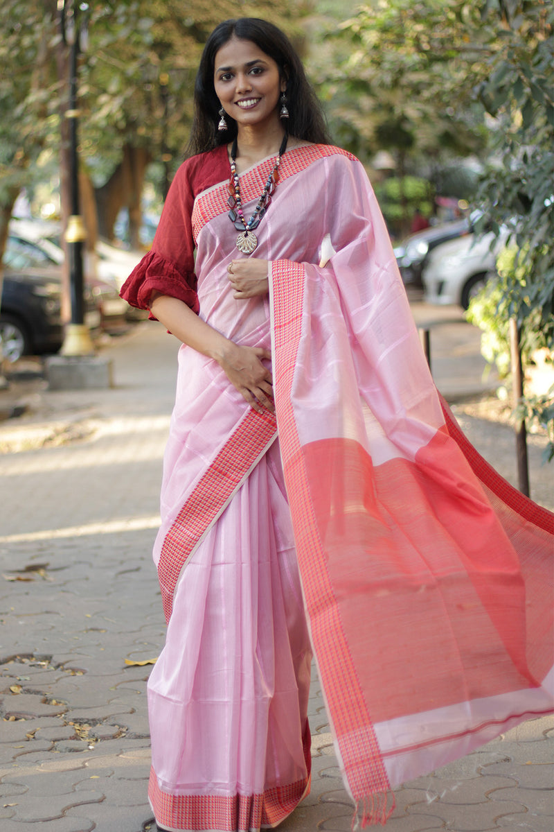 Maheshwari Saree | Cotton Silk | Pink with Chidiya Border