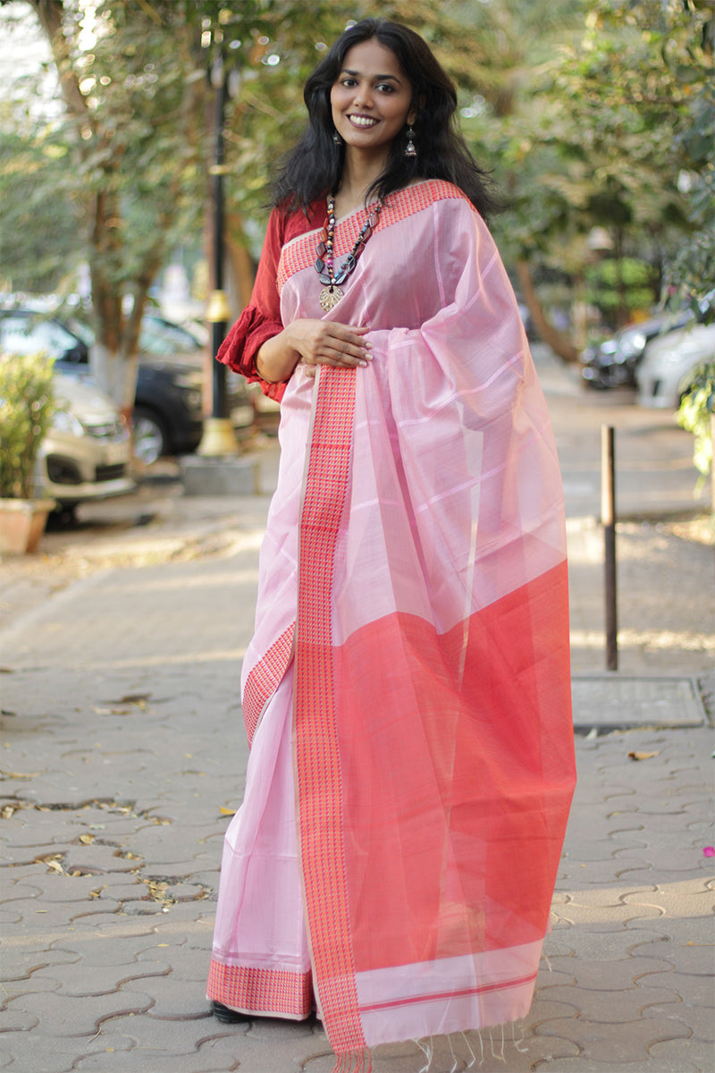 Maheshwari Saree | Cotton Silk | Pink with Chidiya Border