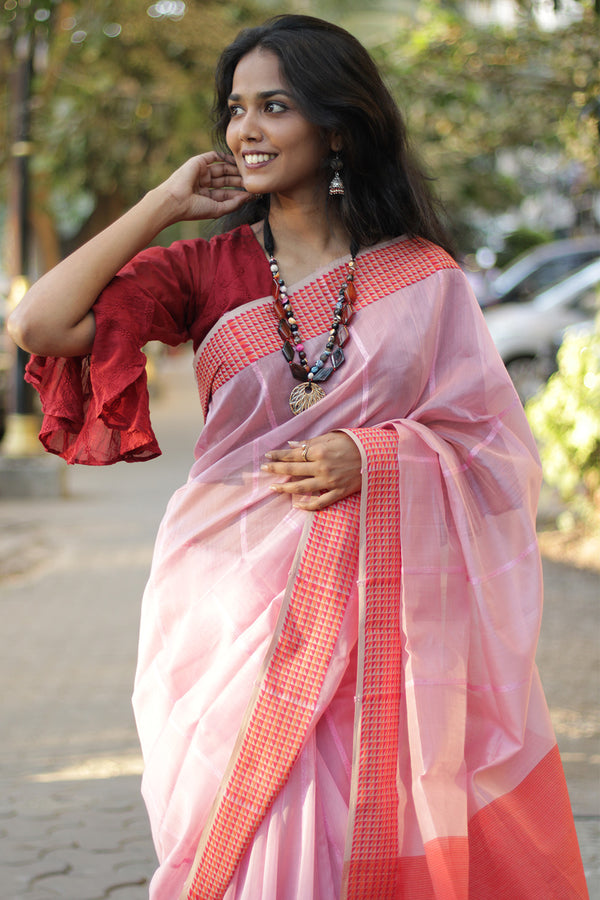 Maheshwari Saree | Cotton Silk | Pink with Chidiya Border
