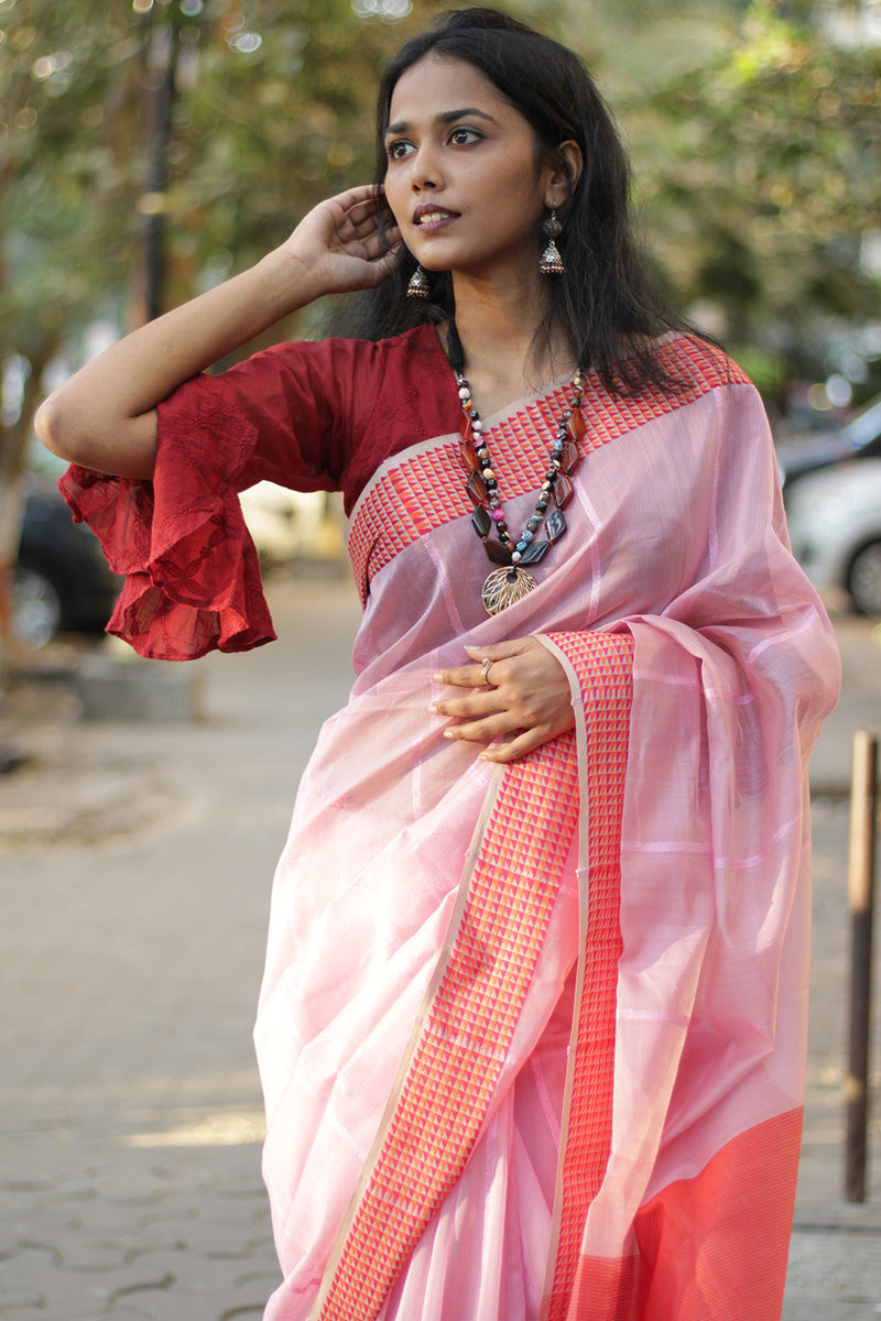 Maheshwari Saree | Cotton Silk | Pink with Chidiya Border