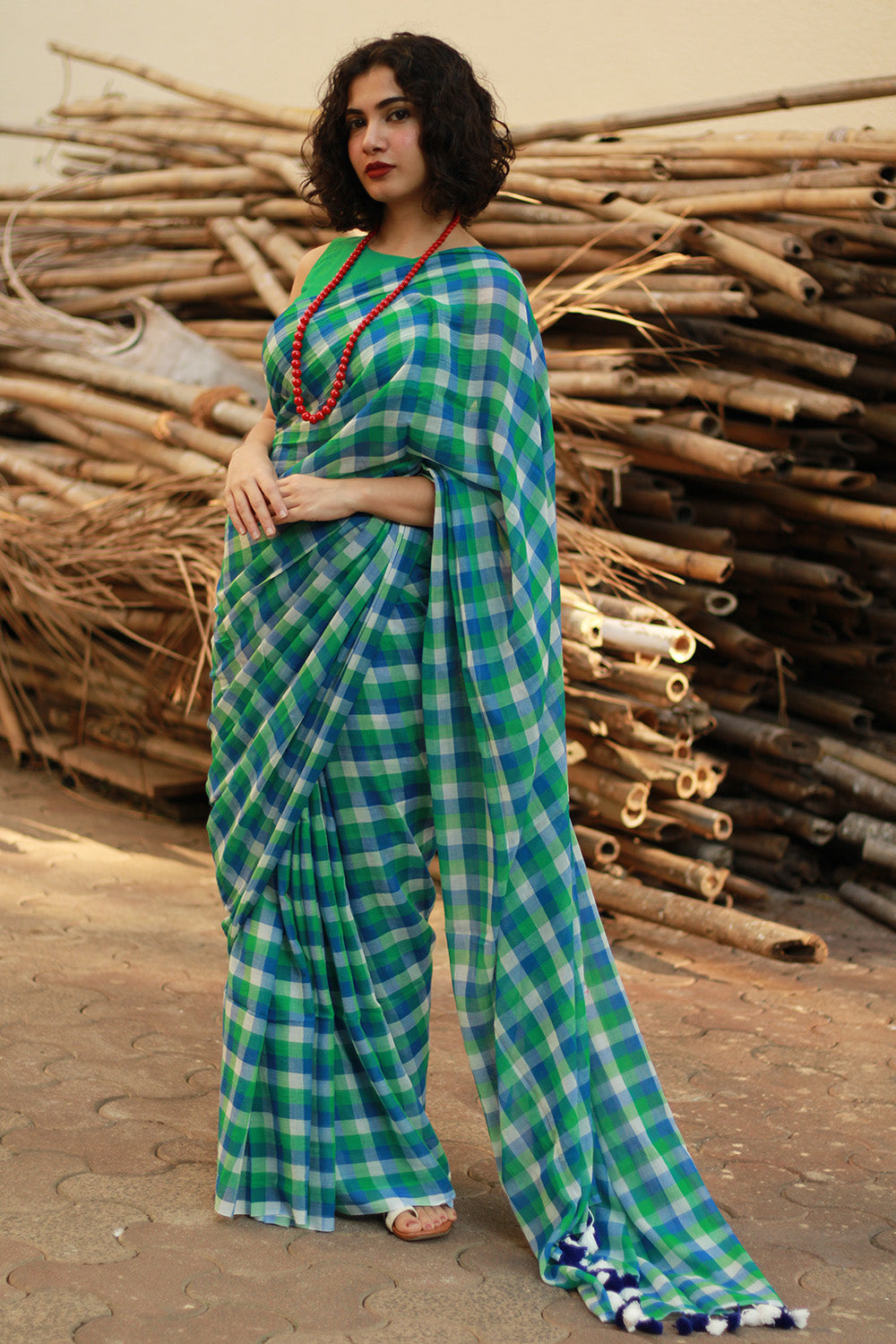 Rangg |  Mul Cotton Saree | Teal Checks
