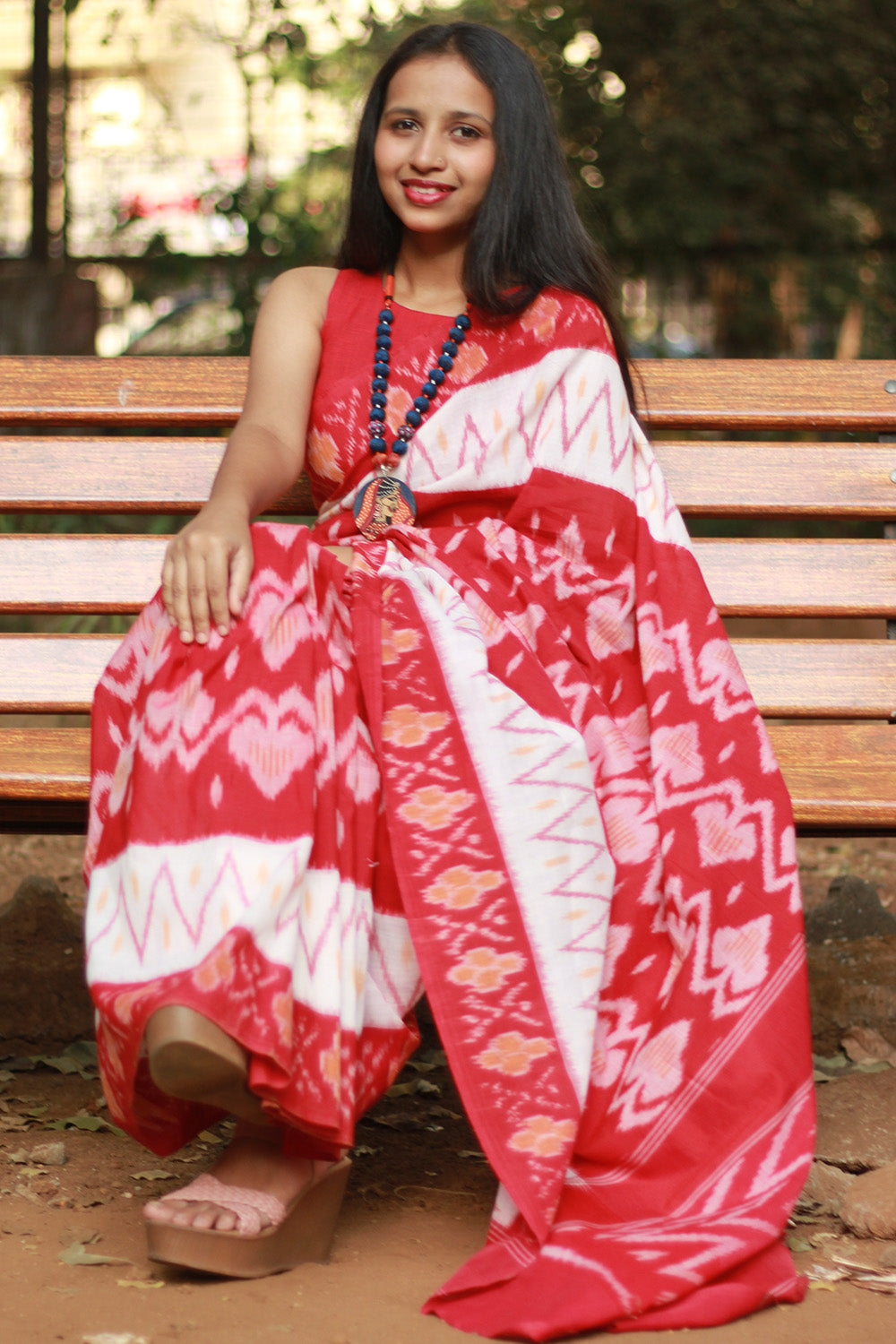 Handloom Cotton Saree | Ikkat | White & Pink