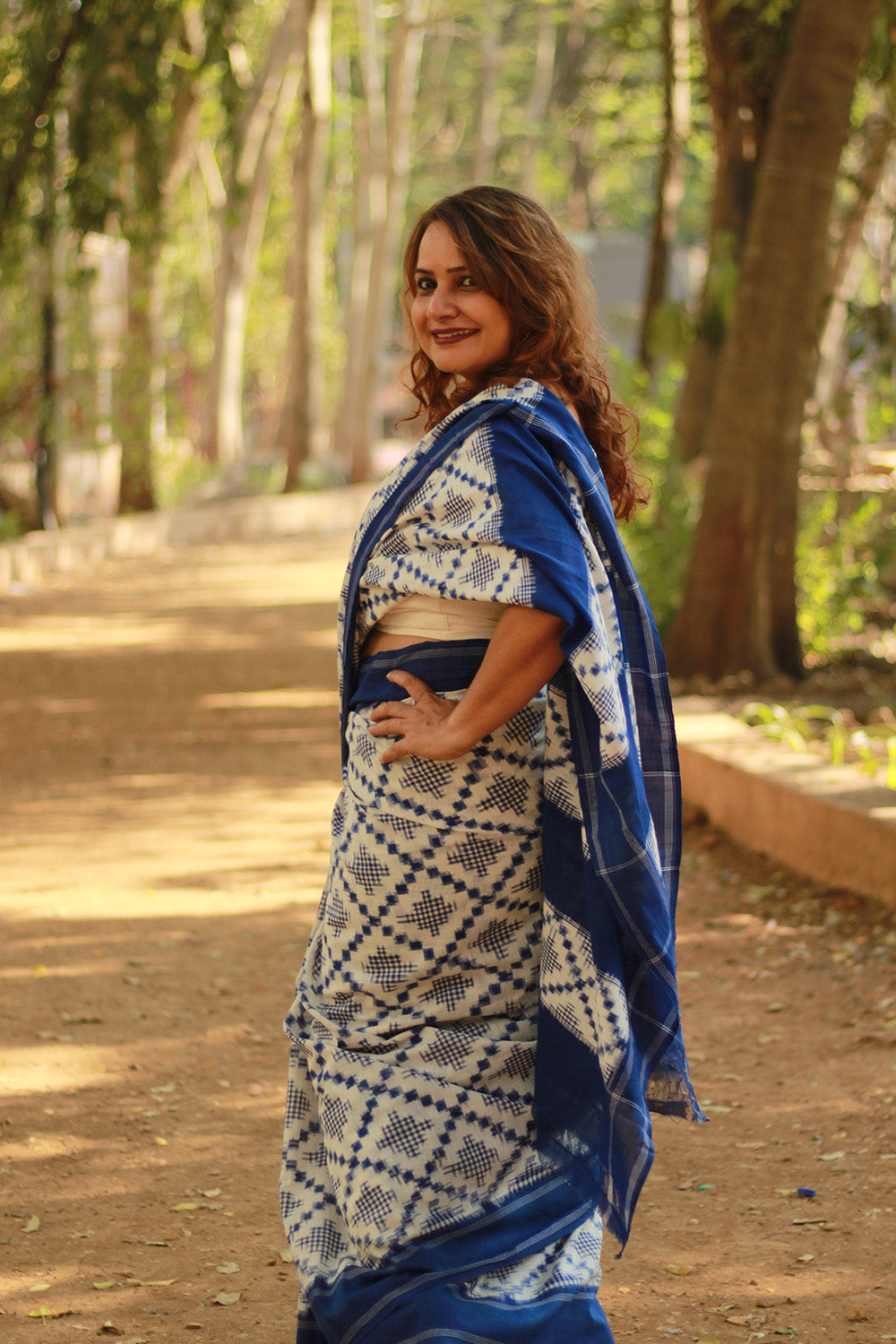 Handloom Cotton Saree | Ikkat | White & Blue