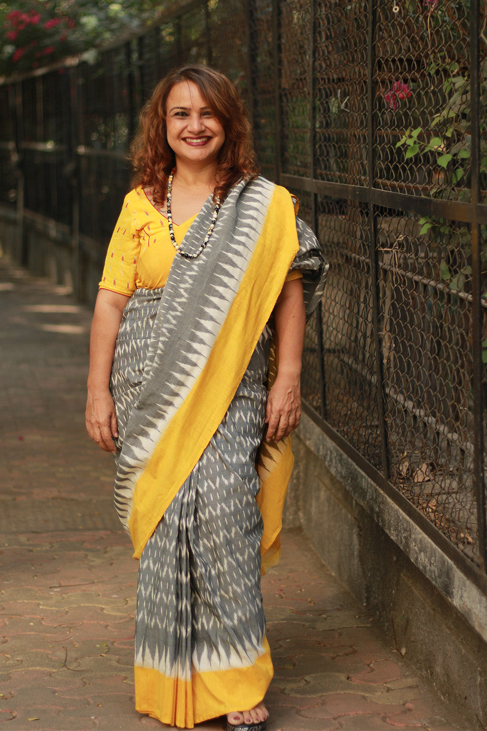 Handloom Cotton Saree | Ikkat | Grey & Yellow
