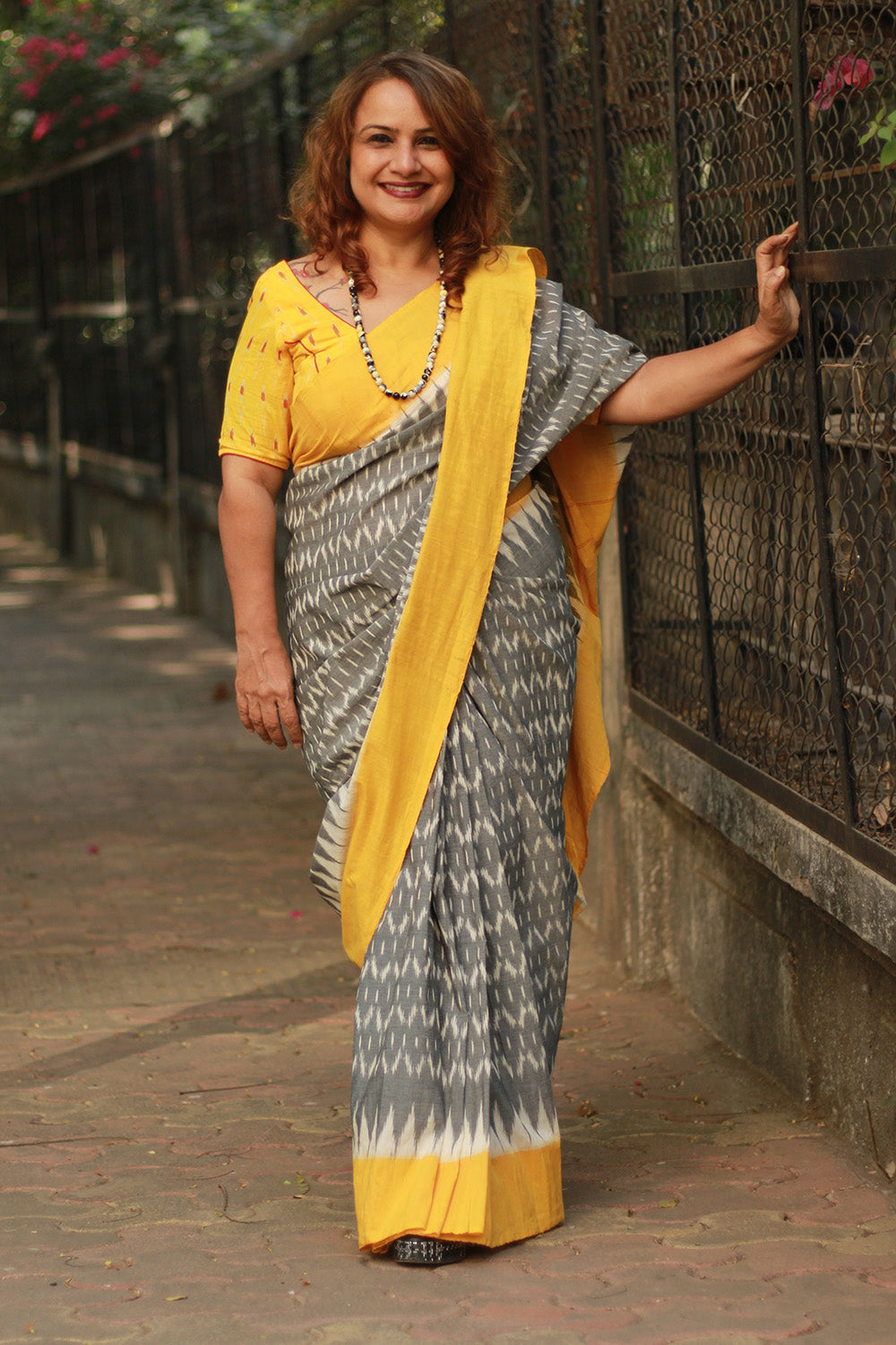 Handloom Cotton Saree | Ikkat | Grey & Yellow