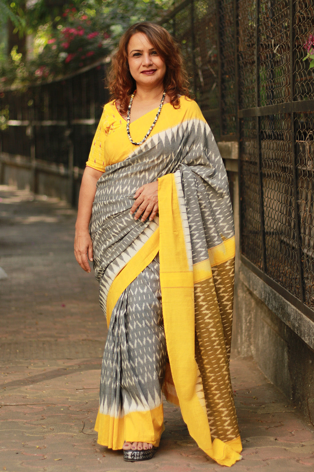 Handloom Cotton Saree | Ikkat | Grey & Yellow