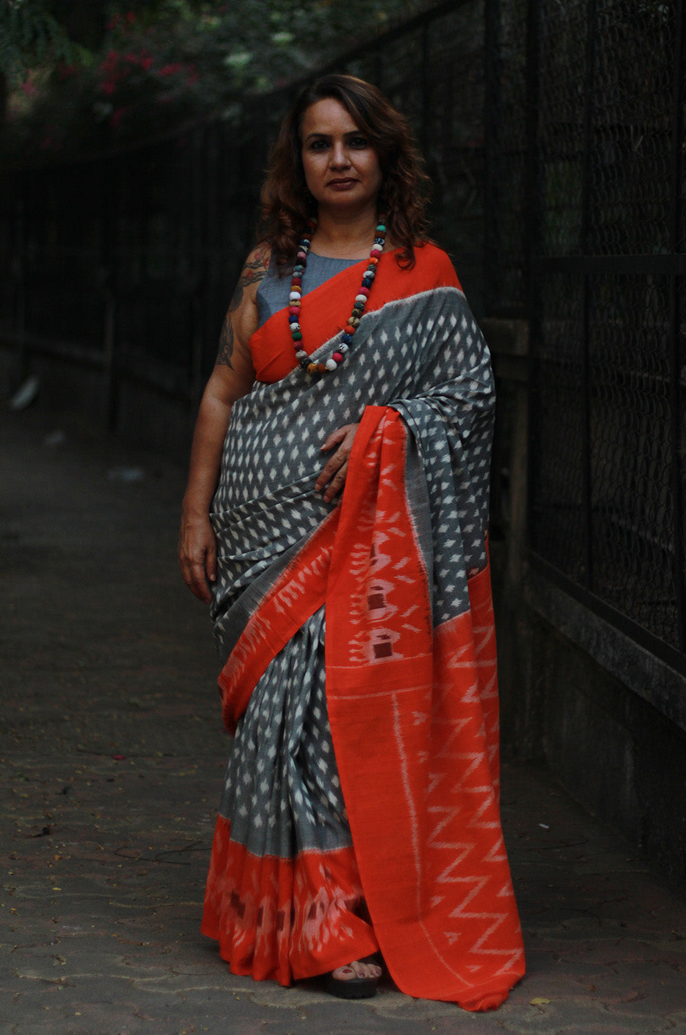 Handloom Cotton Saree | Ikkat | Grey & Tangerine