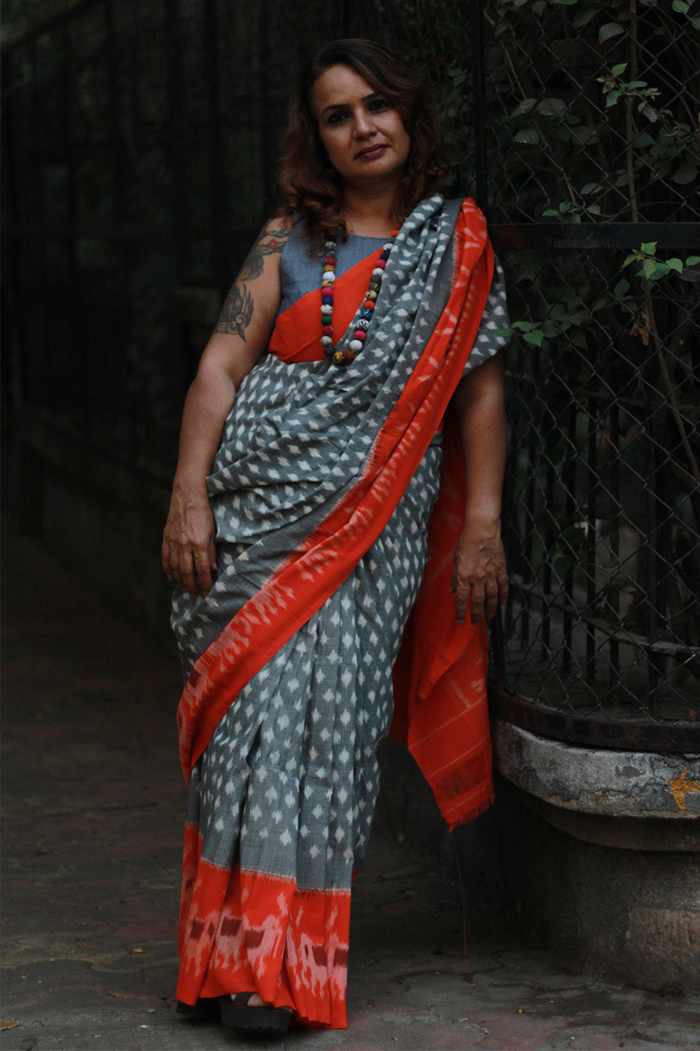 Handloom Cotton Saree | Ikkat | Grey & Tangerine