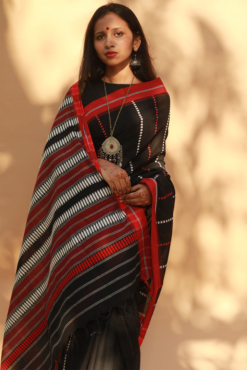 Handloom Cotton Saree | Begumpuri | Noir with Rouge
