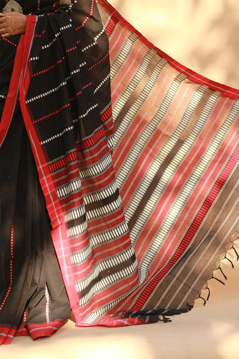 Handloom Cotton Saree | Begumpuri | Noir with Rouge