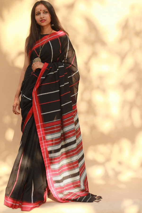 Handloom Cotton Saree | Begumpuri | Noir with Rouge