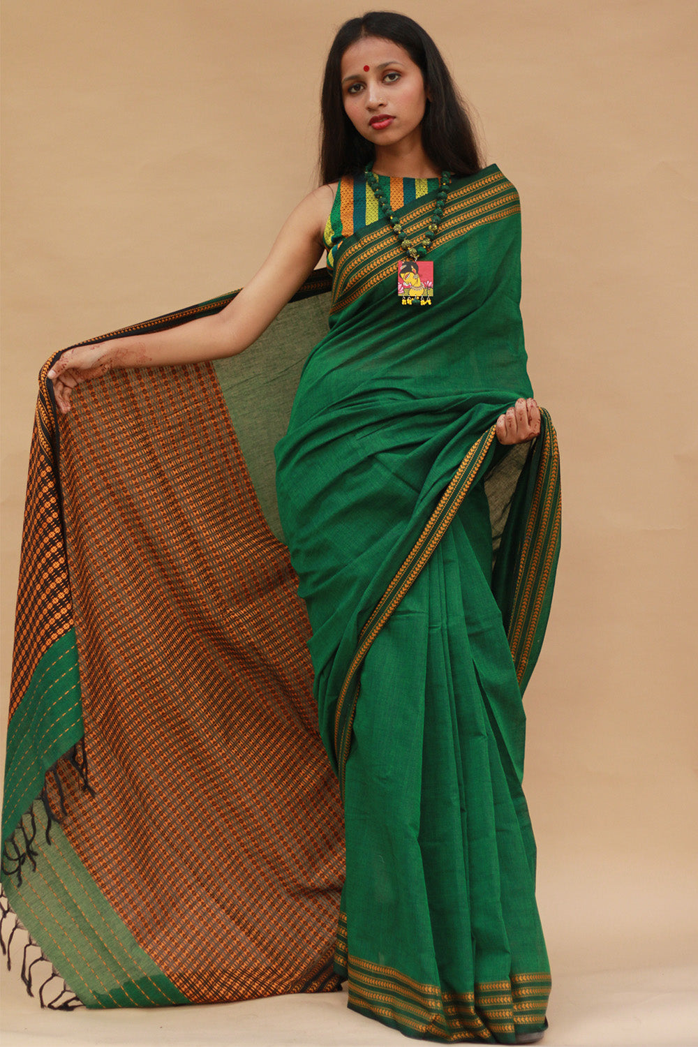 Handloom Cotton Saree | Begumpuri | Green with Brown