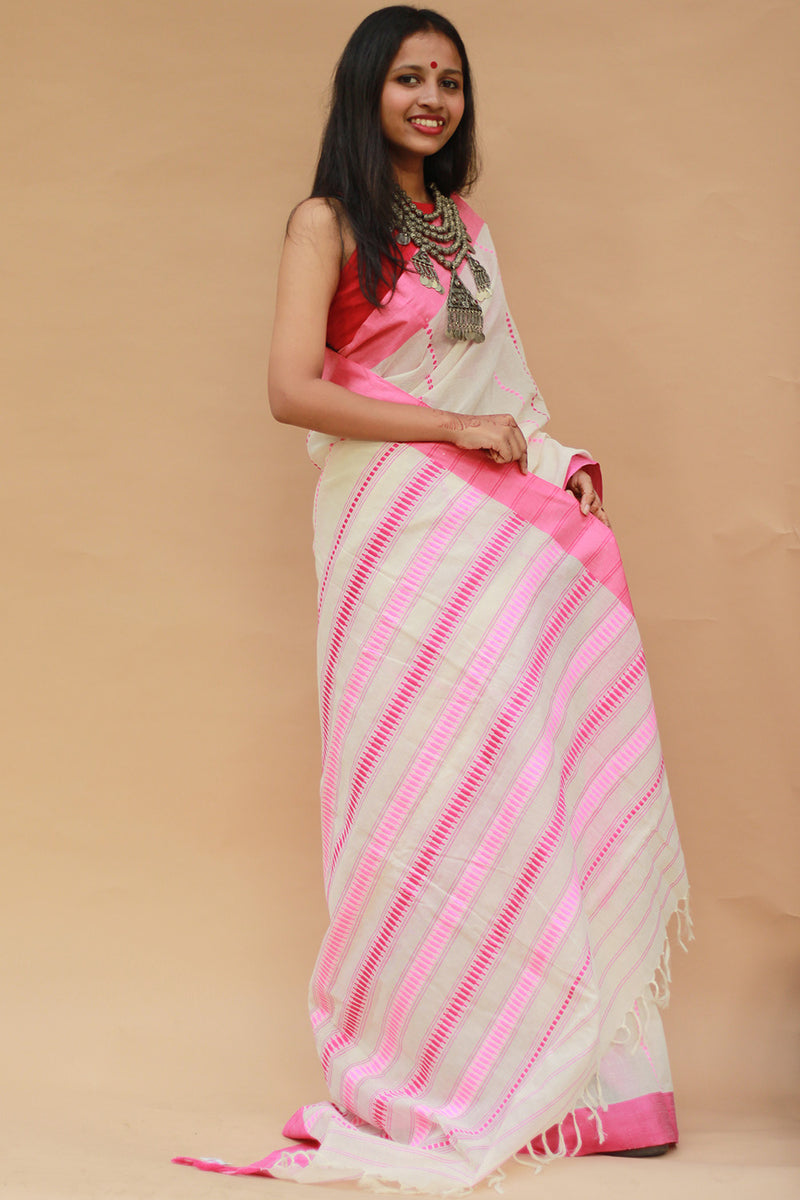 Handloom Cotton Saree | Begumpuri | White with Pink