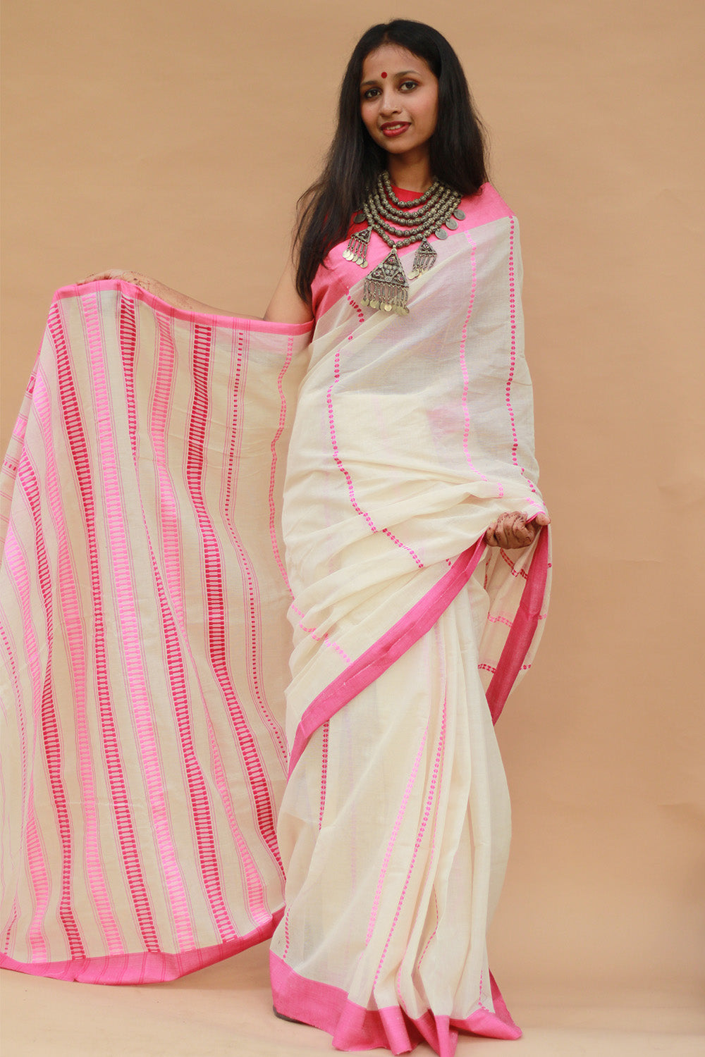 Handloom Cotton Saree | Begumpuri | White with Pink