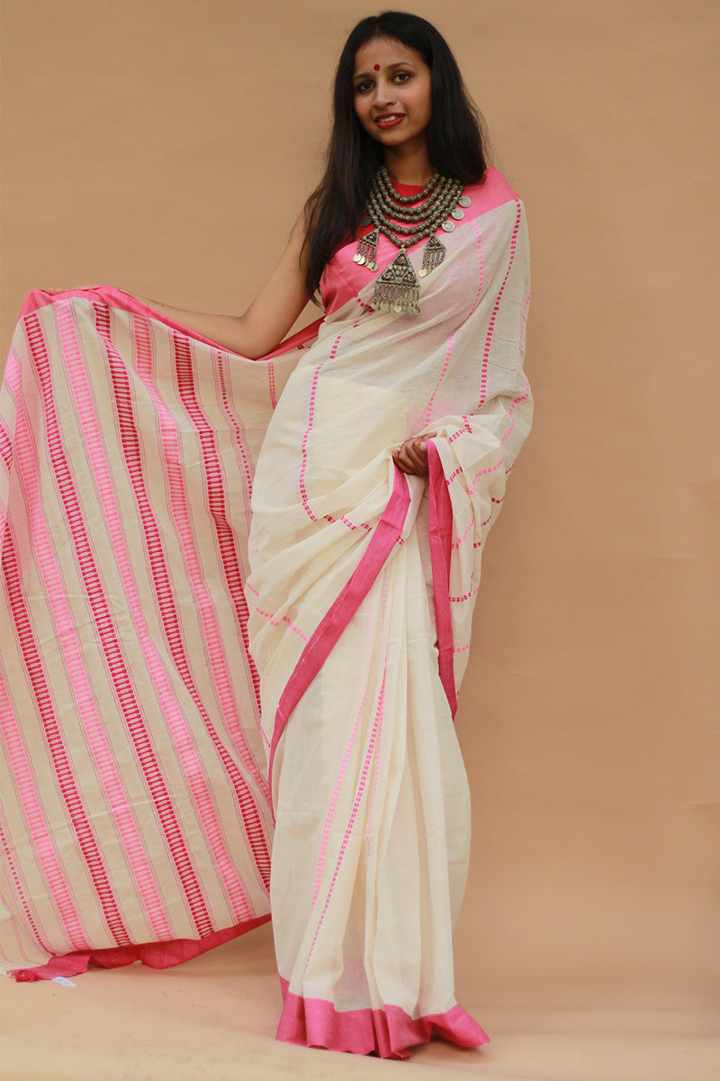 Handloom Cotton Saree | Begumpuri | White with Pink